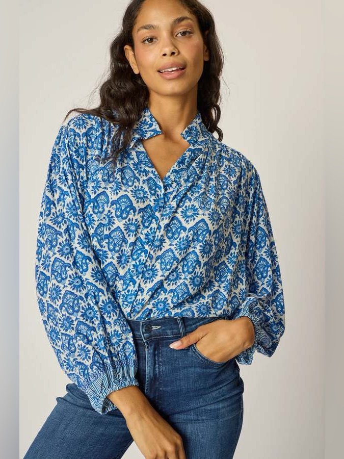 Nwot Natalie Martin Iris Top Xl Fleur De Lis Blue White Viscose Boho Blouse